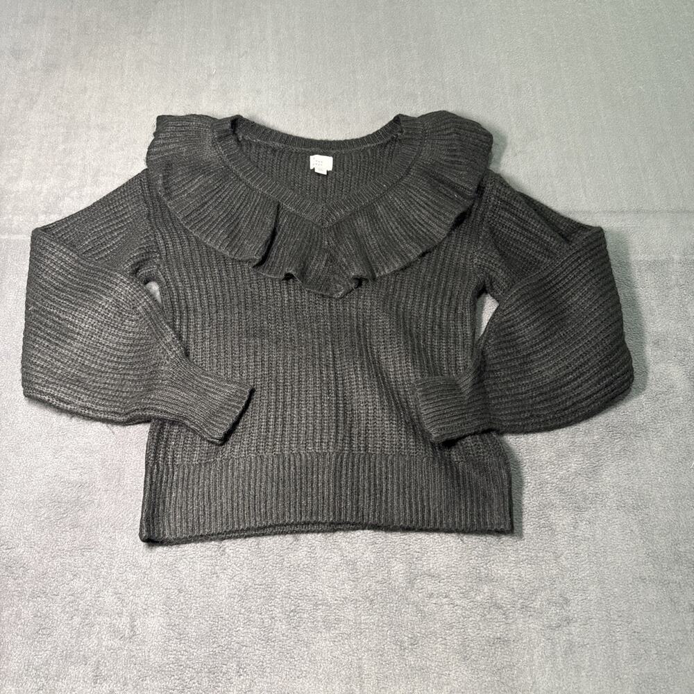 A New Day Black Pullover Sweater Ruffle V-Neck XSmall Black